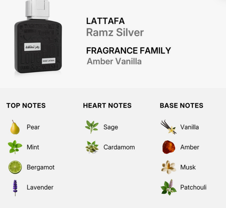 Lattafa Ramz Silver Men EDP 100ml cool distinguished oriental woody fresh fragrance with fresh aromatic notes smooth woods precious amber cool silver warmth clean musk and sandalwood