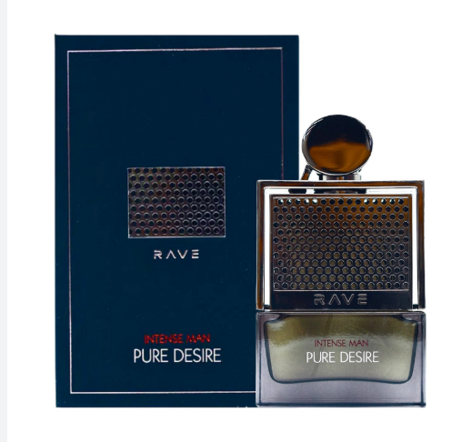 Lattafa Rave Pure Desire Intense Men Eau de Parfum box and bottle 3.4oz 100ml on white background