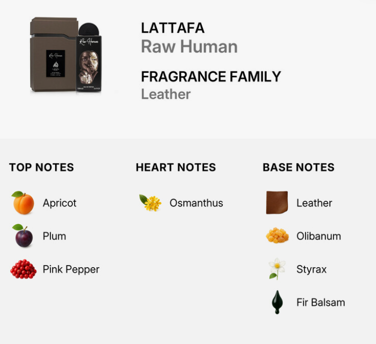 Lattafa Raw Human Unisex EDP 100ml raw primal oriental oud leather fragrance with warm spice deep oud precious amber smooth leather primal incense dark musk and sandalwood