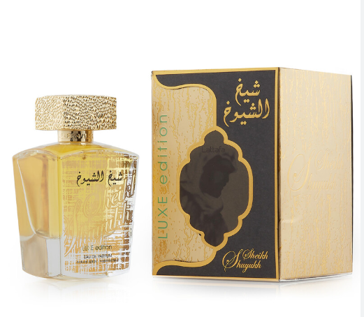 Lattafa Sheikh Al Shuyukh Luxe Edition Men Eau de Parfum box and bottle 3.4oz 100ml on white background