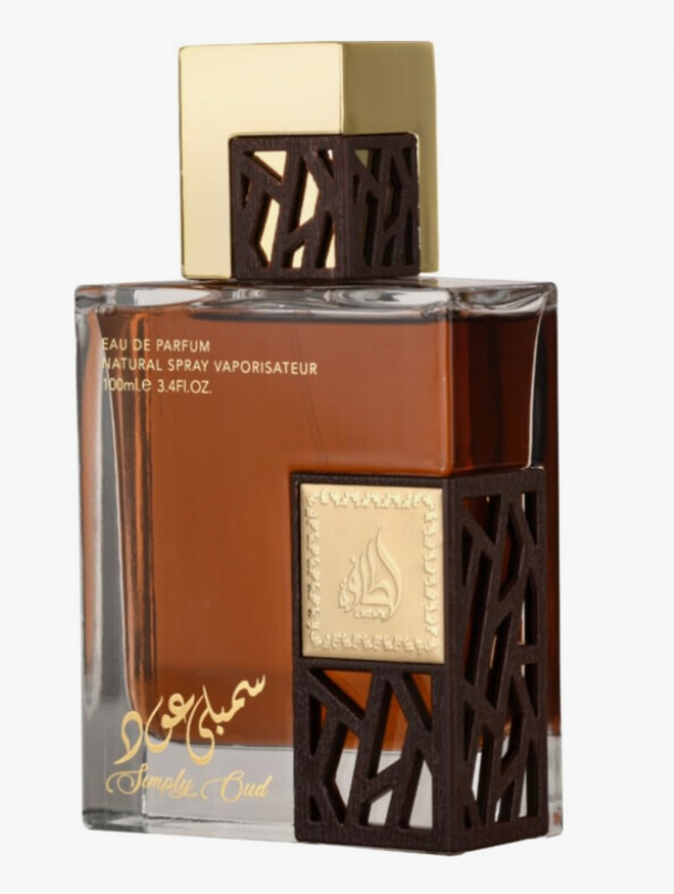Lattafa Simply Oud Men Eau de Parfum spray bottle 3.4oz 100ml on white background
