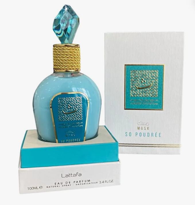 Lattafa So Poudree Thameen Musk Collection Unisex Eau de Parfum box and bottle 3.4oz 100ml on white background