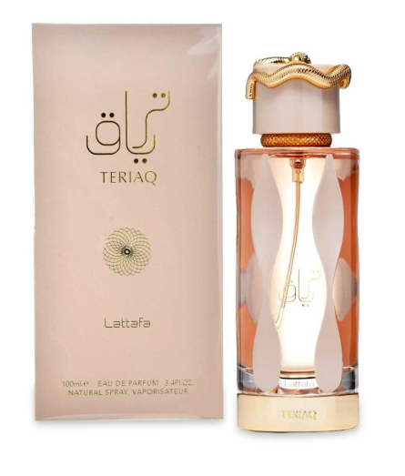 Lattafa Teriaq Women Eau de Parfum spray bottle 3.4oz 100ml on white background