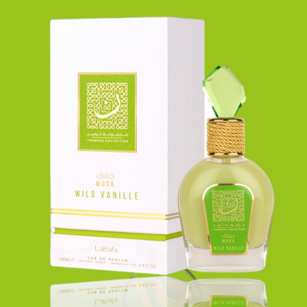 Lattafa Thameen Musk Wild Vanilla Women Eau de Parfum box and bottle 3.4oz 100ml on green background