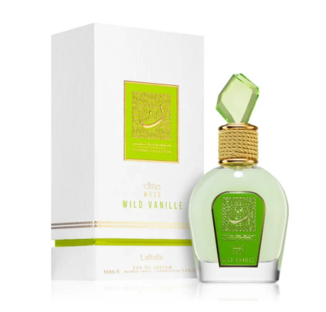 Lattafa Thameen Musk Wild Vanilla Women Eau de Parfum box and bottle 3.4oz 100ml on white background