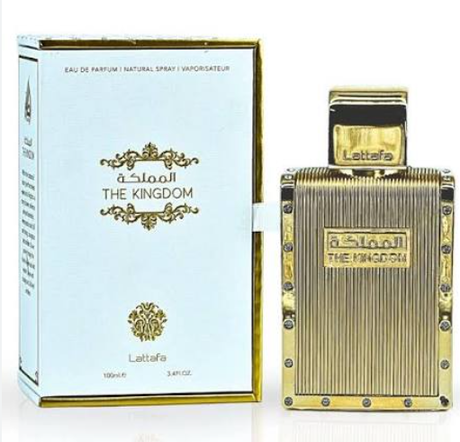 Lattafa The Kingdom Men Eau de Parfum box and bottle 3.4oz 100ml on white background
