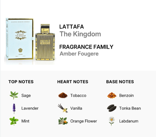 Lattafa The Kingdom Men EDP 100ml majestic sovereign oriental oud floral spicy fragrance with precious saffron deep oud rose majestic amber kingly incense dark musk and sandalwood