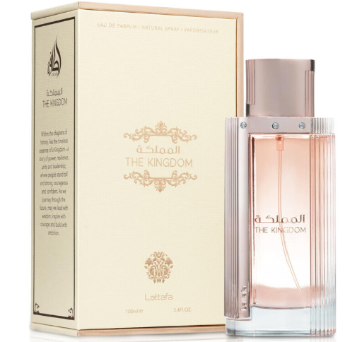 Lattafa The Kingdom Women Eau de Parfum box and bottle 3.4oz 100ml on white background