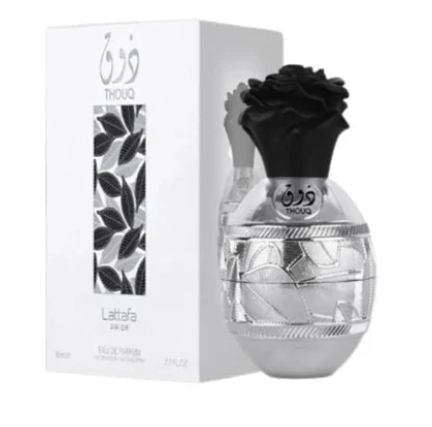 Lattafa Thouq Women Eau de Parfum box and bottle 2.7oz 80ml on white background
