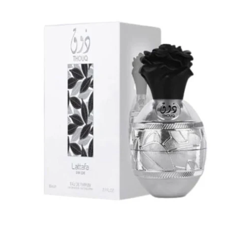 Lattafa Thouq Women Eau de Parfum box and bottle 2.7oz 80ml on white background2