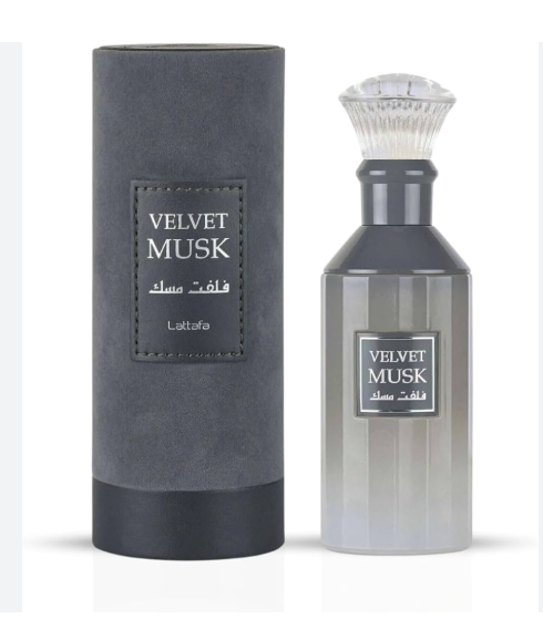 Lattafa Velvet Musk Unisex Eau de Parfum box and bottle 3.4oz 100ml on white background