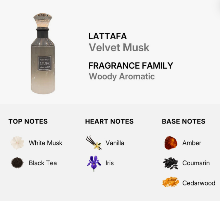 Lattafa Velvet Musk Unisex EDP 100ml luxuriously soft oriental musk woody fragrance with clean white musk smooth sandalwood velvet-like warmth delicate white florals and soft amber