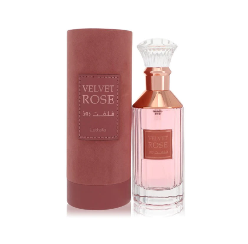Lattafa Velvet Rose Unisex Eau de Parfum box and bottle 3.4oz 100ml on white background