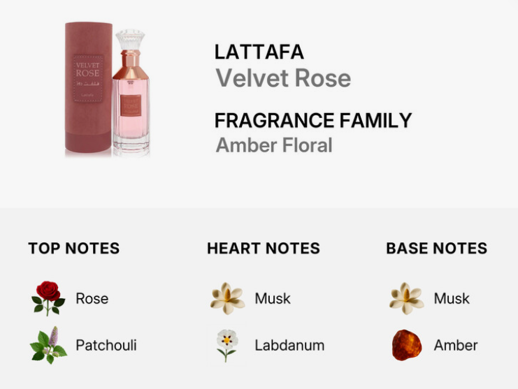 Lattafa Velvet Rose Unisex EDP 100ml luxuriously soft oriental floral rose musk fragrance with precious rose smooth jasmine velvet-like warmth delicate white florals soft musk and sandalwood