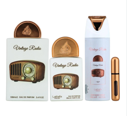 A fragrance gift set for Ladystra Vintage Radio, featuring a 100ml Eau de Parfum box, a 30ml Eau de Parfum bottle, a perfume spray bottle, and a travel atomizer, all styled with retro radio graphics on a white background.