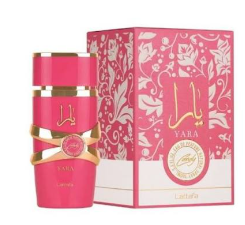 Lattafa Yara Candy Women Eau de Parfum box and bottle 3.4oz 100ml on white background