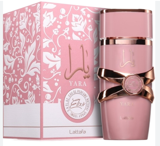 Lattafa Yara Elixir Women Eau de Parfum box and bottle 3.4oz 100ml on white background