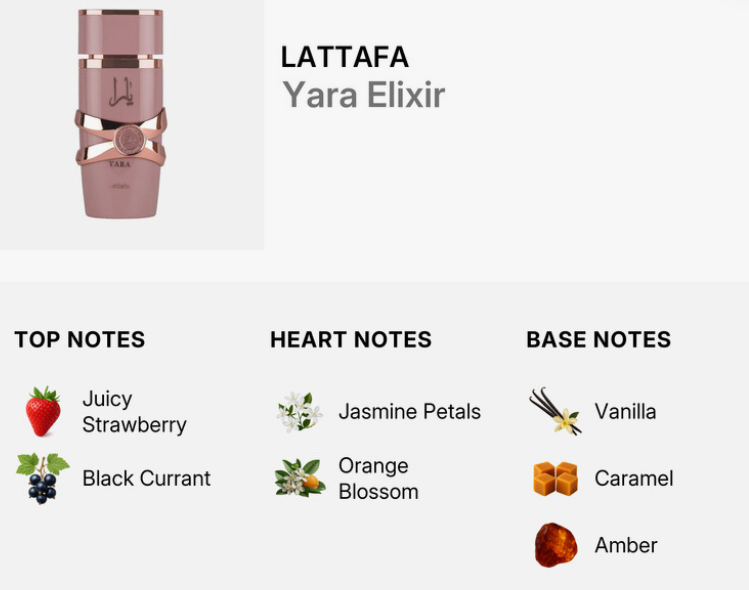 Lattafa Yara Elixir Women EDP 100ml enchanting transformative oriental floral oud spicy fragrance with precious saffron rose jasmine deep oud enchanting amber dark musk and sandalwood