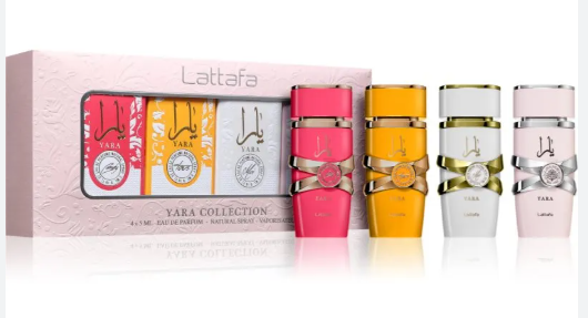 Lattafa Yara Collection perfume gift set featuring a pink patterned box with four bottles in pink, yellow, white, and pale pink, each with gold detailing and Arabic script on the label.
