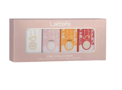 Lattafa Yara Collection 4-piece perfume set in a pink gift box with a clear window showing four individual bottles in white, pink, orange, and red.