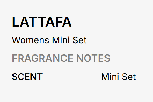 A text-based graphic with the brand name LATTAFA at the top, followed by 'Womens Mini Set', 'FRAGRANCE NOTES', 'SCENT', and 'Mini Set' on a light gray background.