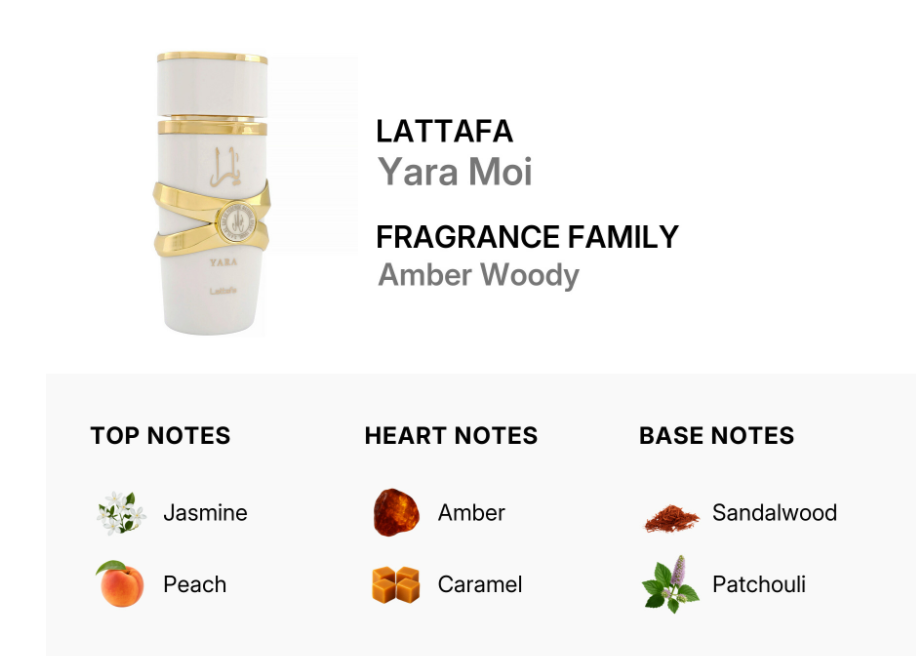 Lattafa Yara Moi Women EDP 100ml intimate personal oriental floral musk fruity fragrance with fresh citrus precious rose jasmine soft musk smooth amber and sandalwood