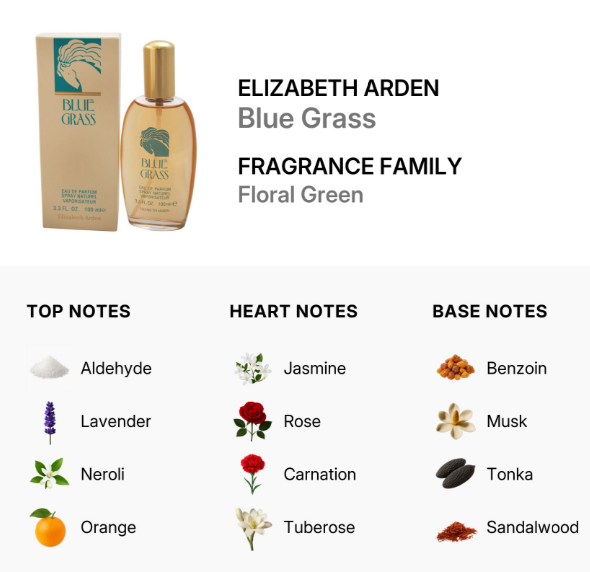 Elizabeth Arden Blue Grass fragrance infographic showing the perfume bottle, its beige box packaging, and a breakdown of its scent notes including floral green, jasmine, rose, carnation, tuberose, benzoin, musk, tonka, neroli, and orange.