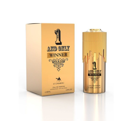 A gold-colored perfume bottle and its matching box, labeled '1 AND ONLY WINNER' by Le Chameau, set against a clean white background.