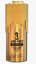 A cylindrical gold perfume bottle labeled '1 AND ONLY WINNER' with a dripping gold graphic effect, on a light gray background.