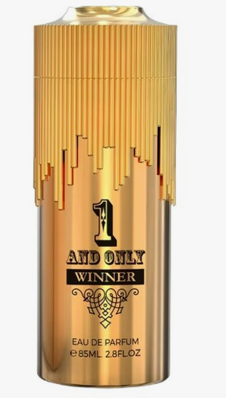 A cylindrical gold perfume bottle labeled '1 AND ONLY WINNER' with a dripping gold graphic effect, on a light gray background.