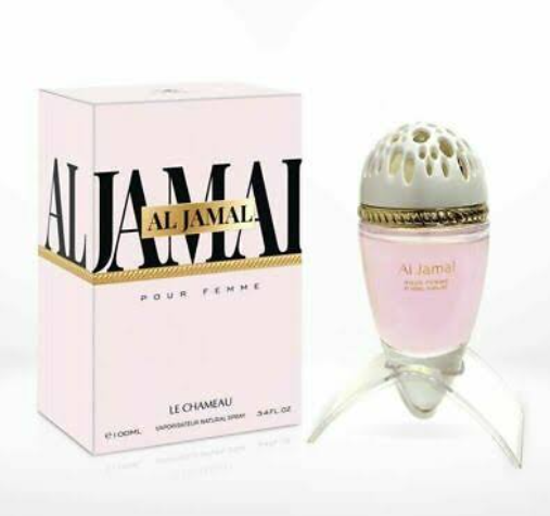 Al Jamal Pour Femme perfume bottle and its pink packaging box by Le Chameau, displayed on a clean white background.