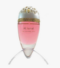 Al Jamal Eau de Parfum bottle with pink liquid, a silver perforated cap, and a clear curved stand on a white background.