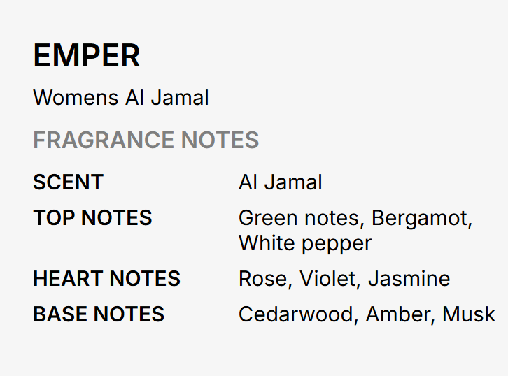 A text-based fragrance notes card for EMPER Womens Al Jamal, detailing scent, top notes, heart notes, and base notes on a light gray background.