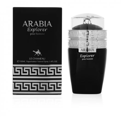 Arabia Explorer pour homme by Le Chameau fragrance shown with its black retail box and the black spray bottle with silver detailing on a white background.