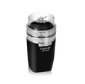 A black cylindrical perfume bottle with a clear glass top, featuring a silver Greek key pattern band and a silver horse logo on the lid, labeled 'ARARIA Explorer'.