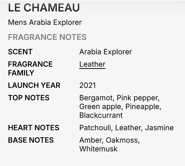 A text-based fragrance notes card for Le Chameau 'Mens Arabia Explorer' on a light gray background. It lists the scent as Arabia Explorer, fragrance family as Leather, launch year as 2021, and top/heart/base notes in black and gray text.
