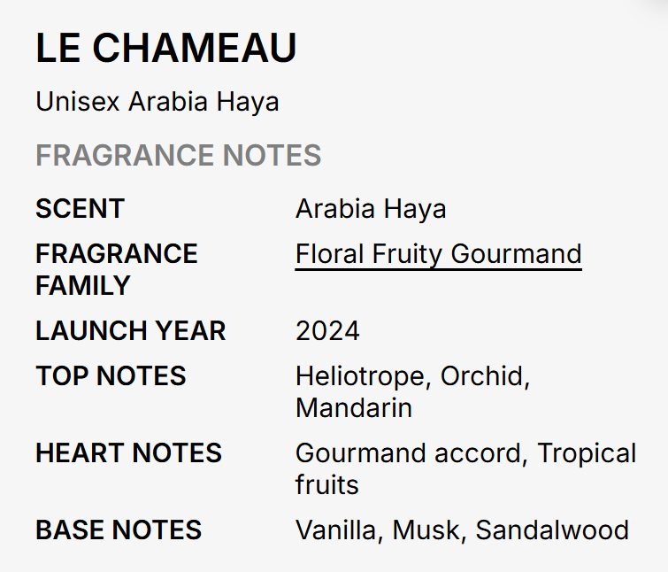 A text-based fragrance notes card for LE CHAMEAU Unisex Arabia Haya, listing scent as Arabia Haya, fragrance family as Floral Fruity Gourmand, launch year as 2024, with top and base notes detailed on a light gray background.