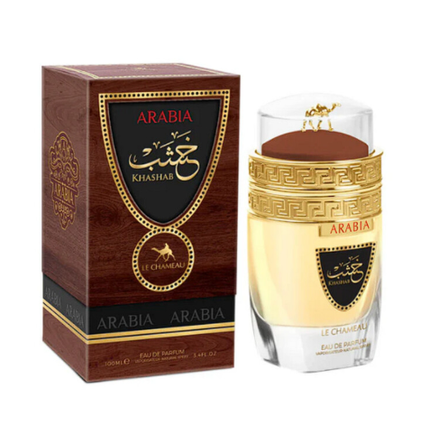 Arabia Le Chameau Eau de Parfum shown with its dark brown wooden box and the clear glass bottle containing a pale golden liquid, both featuring black and gold labels.