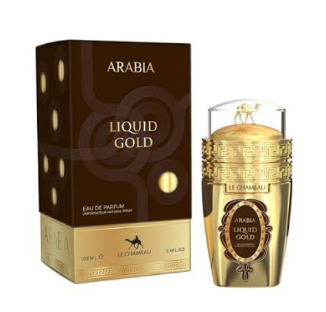 Le Chameau Arabia Liquid Gold Eau de Parfum, showing the dark brown and gold outer packaging box alongside the gold perfume bottle on a plain white background.