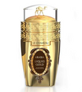 Le Chameau Arabia Liquid Gold perfume bottle, featuring a metallic gold body with a Greek key pattern, a camel figurine on the cap, and a clear top section, set against a plain white background.
