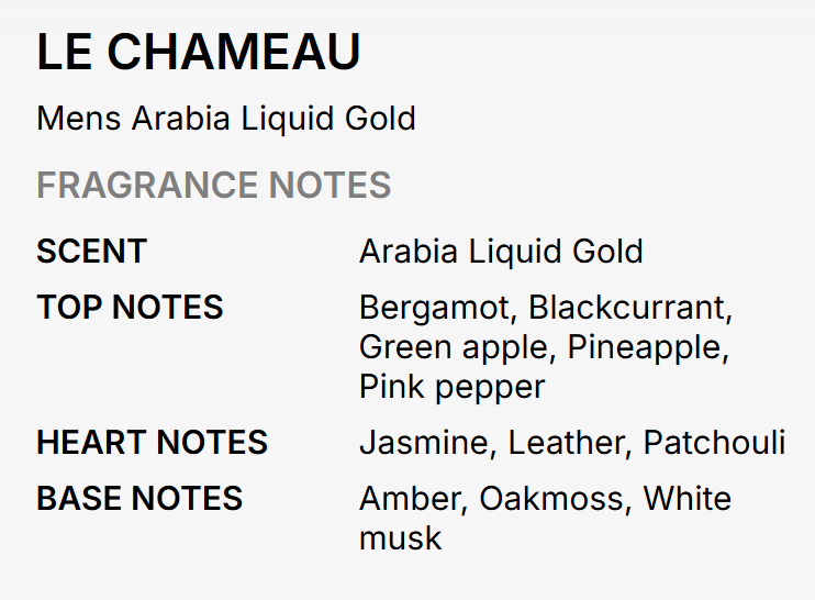 A text-based fragrance notes card for Le Chameau, Men's Arabia Liquid Gold, listing scent, top notes, heart notes, and base notes on a light gray background.