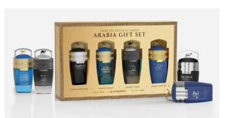 Arabia Gift Set by Le Chamille, featuring a gold-colored gift box with four perfume bottles inside, plus four matching bottles displayed outside the box on a white background.