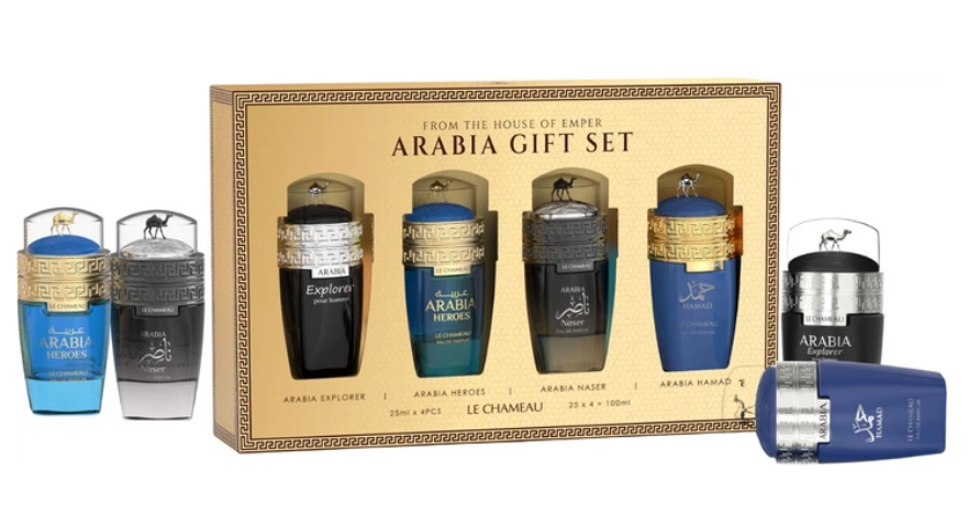 Le Chamael Arabia Gift Set containing a gold presentation box with four cologne bottles and four individual bottles displayed alongside on a white background.