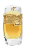 Arabia perfume bottle with golden-yellow liquid, a gold Greek key pattern band, and a clear cap on a white background.