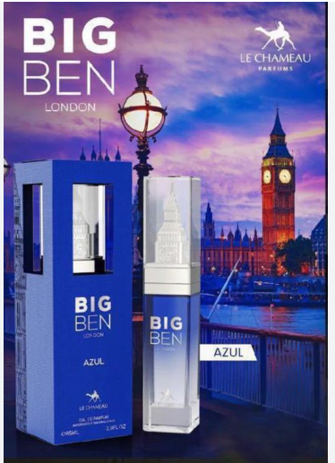 Le Chameau Parfums Big Ben London Azul perfume bottle and its blue box, set against a London night scene with Big Ben and a street lamp.