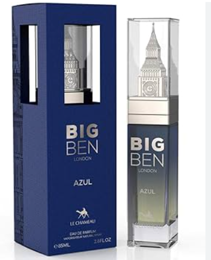 Le Châmel Big Ben London Azul Eau de Parfum, showing the dark blue textured packaging box alongside the clear glass spray bottle with a silver-toned Big Ben tower design and a blue gradient body.