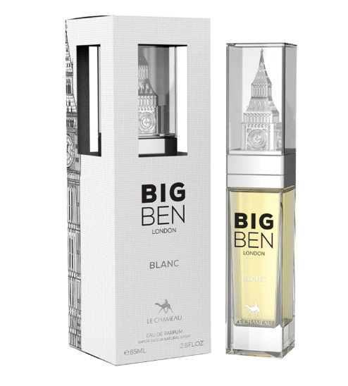 Big Ben London Blanc Eau de Parfum by Le Chameau, shown with its white packaging box and the clear glass perfume bottle containing pale yellow liquid.