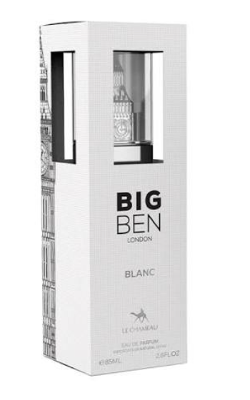 Le Côteau Big Ben London Blanc Eau de Parfum box, featuring a tall white rectangular package with a window showing the bottle inside and black text on the front.