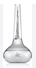 A clear glass perfume bottle with a wide rounded base and a long narrow neck, featuring a miniature metallic skyscraper model inside. The base is printed with the Burj Khalifa logo and the text 'BURJ KHALIFAH'.