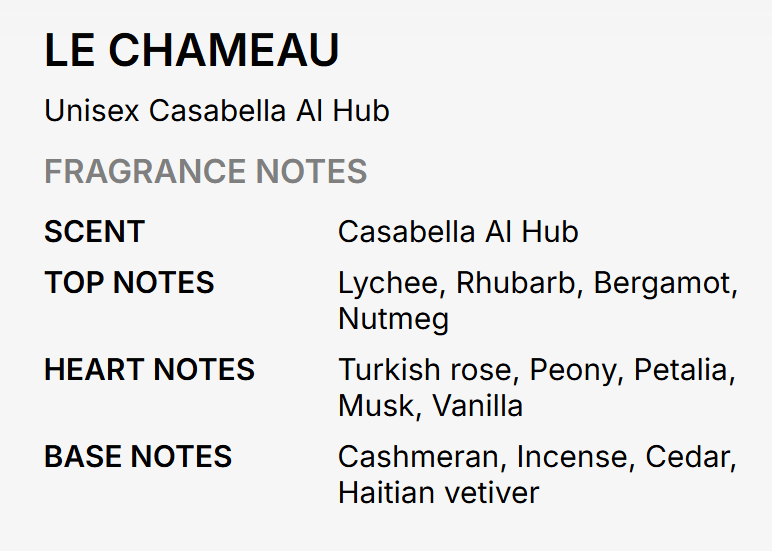 A text-based fragrance notes card for LE CHAMEAU, unisex Casabella AI Hub, listing scent, top notes, heart notes, and base notes on a light gray background.